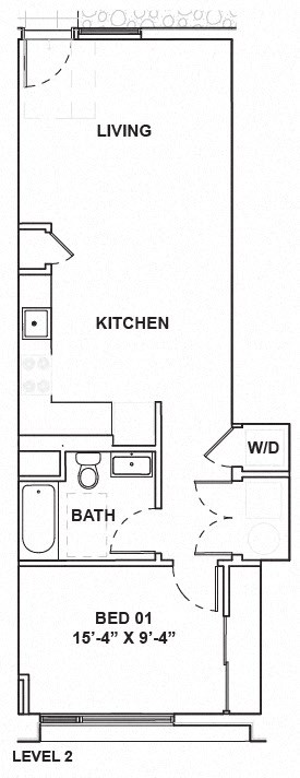 Floor plan for 1 bed, 1 bath, 637 sqft